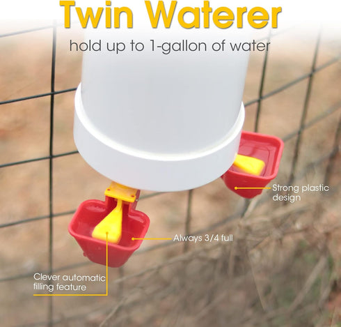 1 VOSON Gallon Hanging Chicken Waterer with Two Automatic-Fill Water Cups - No Waste Poultry Water Dispenser for Coop
