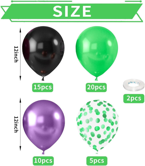52 12 Inch Purple and Green Balloons, PCS Metallic Chrome Purple Light Green Black Latex Balloons with Black Green