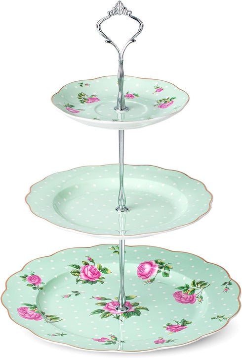 BTaT- 3-Tier Porcelain Dessert Tower, Green Afternoon Tea Stand, Sandwich & Plate
