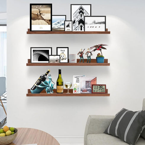 24 Inch Set 3 AZSKY Floating Photo Shelves Fair Light Walnut Picture Ledge for Storage Wall Book Shelves Hanging