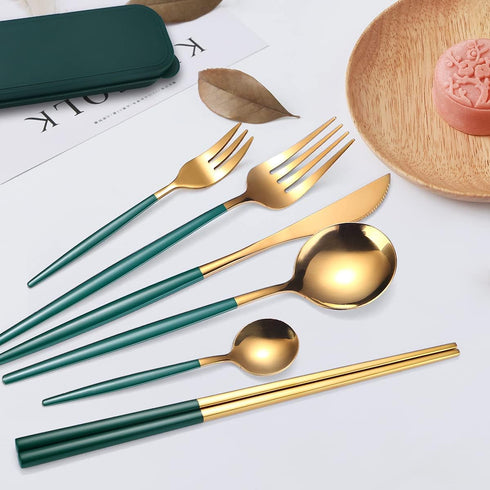 AARAINBOW 8 Pieces Stainless Steel Flatware Set, Portable Reusable Travel Utensils Including Knife, Fork, Spoon, Straws