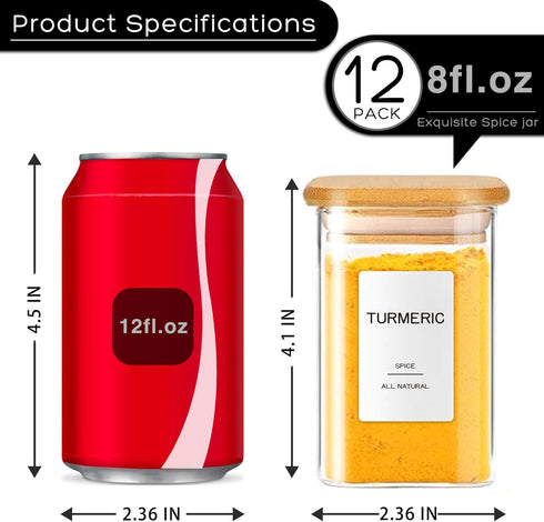 Kuocodall 12 201 8oz Pcs Glass Spice Jars with Bamboo Airtight Lids & Labels - Square Small Empty Food Storage