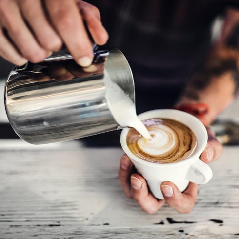 Milk Frothing Pitcher, Stainless Steel Coffee Cup with Lid for Home Office Kitchen Coffee Shop Latte Art, Silver