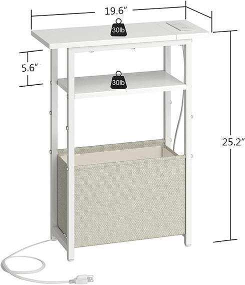 sthmec 3 Narrow Side Table with Charging Station, Small End Table for Small Spaces, Skinny Nightstands with Storage