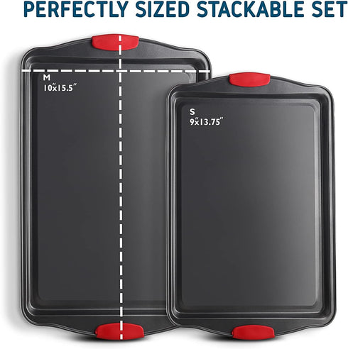 Baking Sheet Set, 2-Piece Cookie Sheet Set with Silicone Handles, Steel Baking Pan, Durable Baking Sheets for Oven, BPA Free Cookie Sheets for Baking Nonstick Set, Premium Sheet Pan, Black Baking Tray