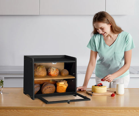 Natree Countertop, 2 Counter, Bamboo Bread Box for Kitchen Large Bread Storage Container Bin Layer Breadbox Holder
