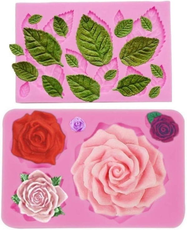 Large Rose Mold Silicone, Flower and Leaves Fondant Cake Molds for Decoration