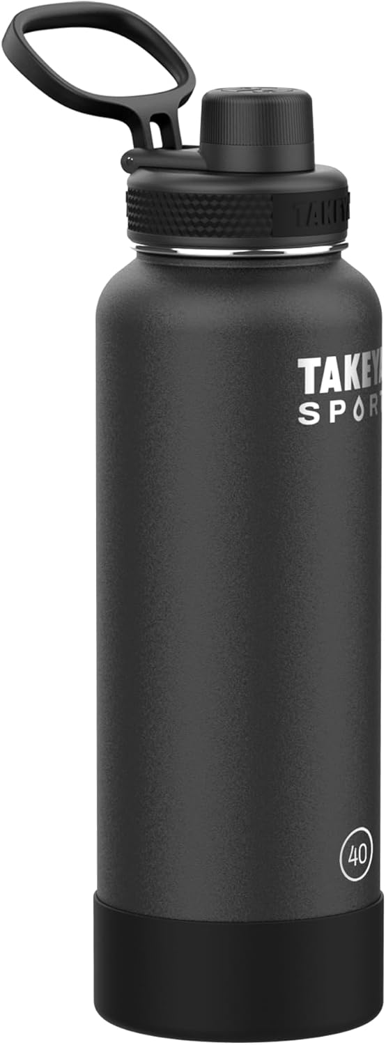 Takeya Sport 40 oz Triple Wall Insulated Stainless Steel Water Bottle, Grand Slam Black, Ice Blocking Spout Lid