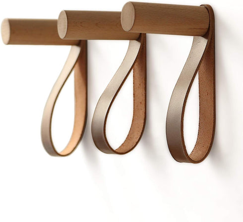 Wooden Hooks with Leather for Wall Mounted Single Hangers, Handmade Craft for Coats, Hat, Bags Rack (3pcs, Oak)