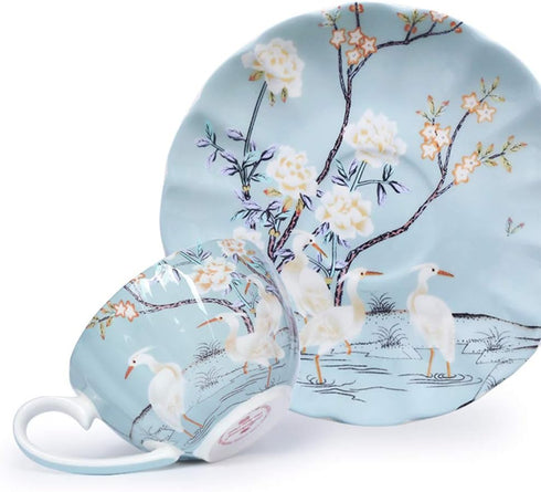 8oz Blue Fine Bone China Coffee Cup with Saucer, Colored Flowers, White Crane Porcelain Tea Cup