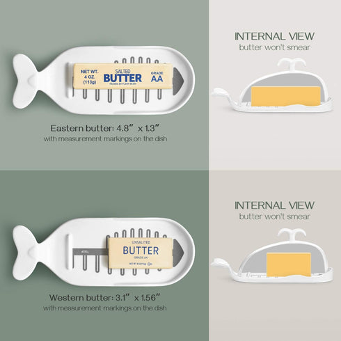 DOWAN Porcelain Butter Dish With Cutting Measuring Line, Large Whale Butter Dish with Cover of Non-slip Design, Ceramic
