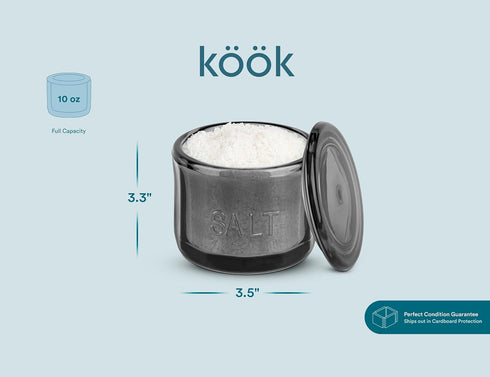 KooK Glass Salt Cellar with Lid, Embossed Pressed Glass Storage Container for Coffee, Sugar, Spices, 10 oz