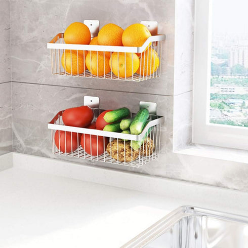 Kitchen Storage Metal Wire Fruit Basket - SUS304 Stainless Steel Organizer Bin for Bathroom, Silver