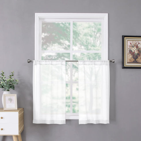Tollpiz Sheer Tier Curtain, Linen Textured Half Kitchen Curtains, 25 x 36 inches Long, White, Set of 2 Panels