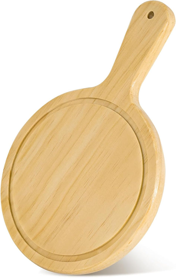 7" Mini Pine Wood Cutting Board with Handle, Small Wooden Round Serving Board for Pizza, Bread, Fruit