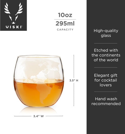 Set of 2 Viski Globe Glass Whiskey Tumblers, 10 oz, Etched Glass Whiskey Enthusiast Gift and Glassware Accessory