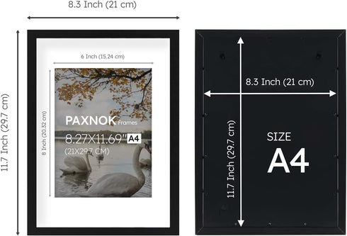 A4 Black Frame, Display 6x8 Picture with Mat or 8.27x11.69 Inch Without Mat