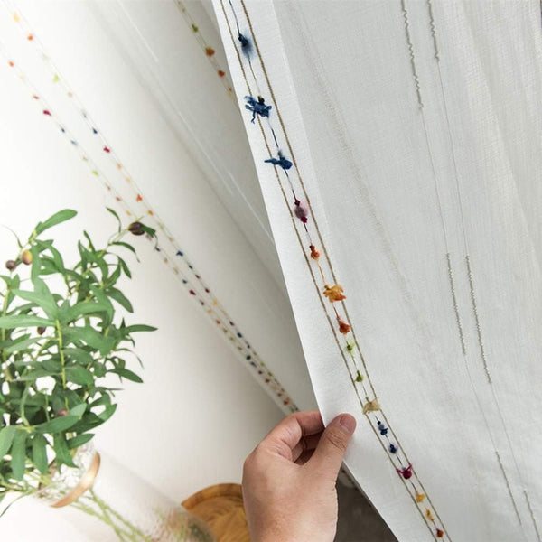 pureaqu Faux Linen Stripe Pom Pom Sheer Curtains, Colorful Rainbow Semi Sheer Voile Window Curtain, W52 x L96 Inch