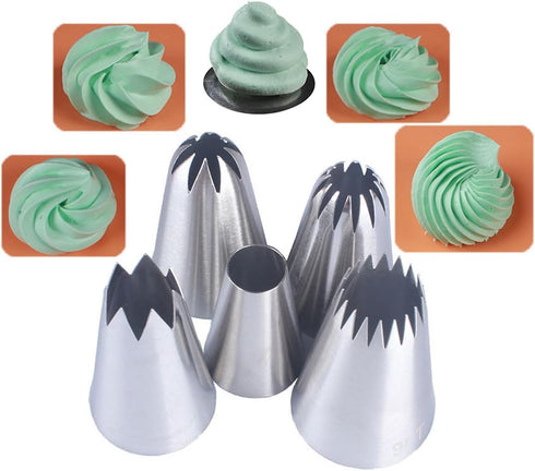 Large Piping Tips Set for Cake Cream Decorating, Icing Nozzle for Cupcakes, Cakes, Cookies (1A, 1C, 1E, 356, 9FT)
