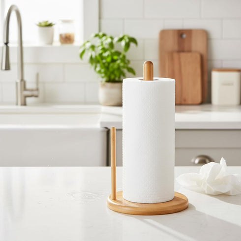 Countertop Bamboo Paper Towel Holder, Natural Bamboo Wooden Standing Paper Towel Holder, Free-Standing Kitchen Roll