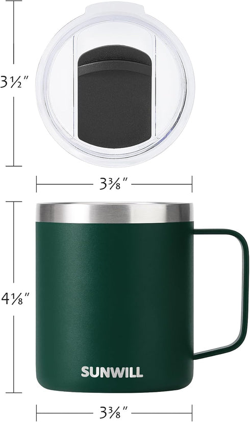 SUNWILL Insulated Travel Coffee Mug with Lid, 14 oz Stainless Steel Tumbler, Handle for Camping, Office, Outdoor,