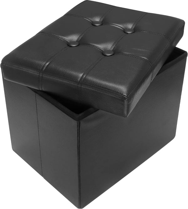 AmasSmile Storage Ottoman Folding Foot Rest Stool, Leather Footstool Bench, Short Ottoman