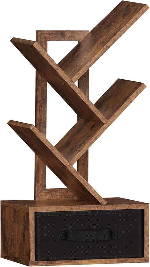 4-Tier Simple Deluxe Tree Bookshelf with Drawers, Compact Corner Bookcase with Storage Cabinet & Open Shelves, Rustic