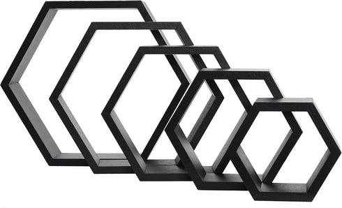 PHOENANCEE Hexagon Floating Shelves, Set of 5 Wall Mounted Wood Honeycomb Storage for Home Room Decor