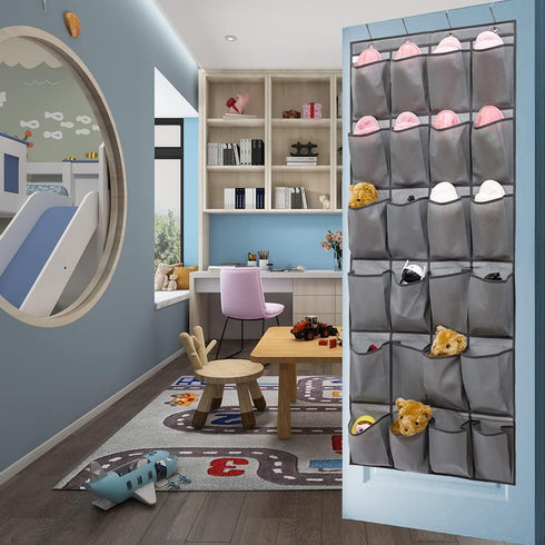 Over The Door Hanging Shoe Organizer, 24 Large Fabric Pockets Holder with 4 Sturdy Hooks (GREY)