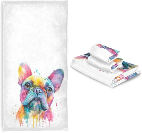 Set 3 Sets Pfrewn French Bulldog Puppy Towels of Watercolor Dog Colorful Art Bathroom Towel Soft Absorbent Bath Hand
