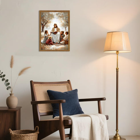 Hwetui 3D 12x16 inch Framed Jesus With Children Wall Art, Textured Christian Jesus Teaching Kids Wall Decor Paintings