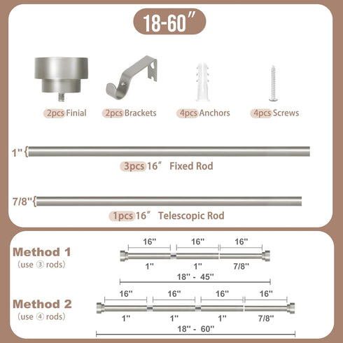 HEI! DEAR Silver Curtain Rods, 18 to 60 Inch (1.5-5ft), 1 Inch Heavy Duty Adjustable Curtain Rod Set, Modern Decorative