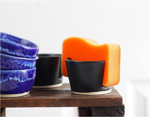 Roro Ceramic Matte Black Sponge Holder for Kitchen Sink, Countertop Soap Dispenser with Unglazed Underneath