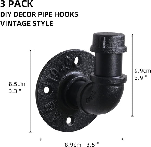 Industrial Pipe Hooks 3 Pack,Robe Towel Hook Wall Mounted,Heavy Duty DIY Wall Mounted Rustic Coat Hanger Hat Holder