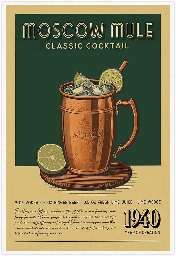 Pcasntvenrs Vintage Moscow Mule Cocktail Poster Retro Wall art Decor Canvas Print for
