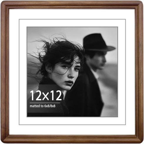 12x12 Square Walnut Wood Picture Frame with Tempered Glass Double Mat for