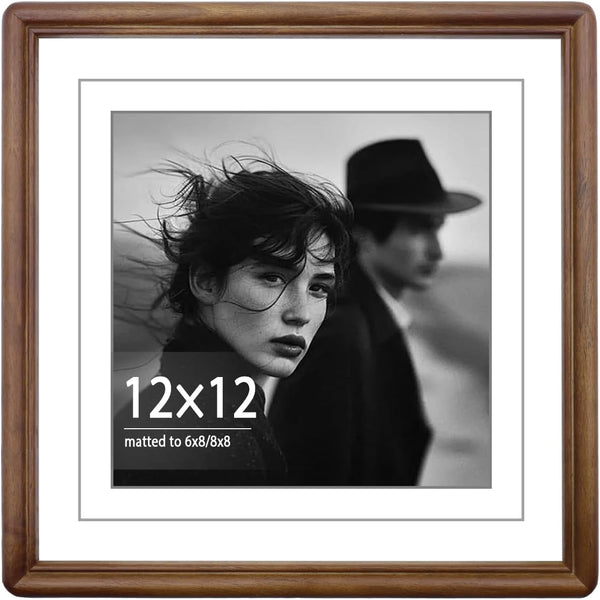 12x12 Square Walnut Wood Picture Frame with Tempered Glass Double Mat for