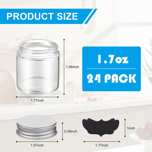 1.7oz Mini Mason Jars with Lids, 24 Pack Small Glass Bottles with Cap and 24 Pcs Labels, Round Clear Jars Food Container Mini Spice Jars for Jam, Honey, Wedding Shower Favors