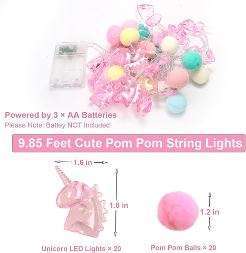ChiRee 9.85FT Unicorn String Lights Cute Pom Poms Fairy LED String Lights Battery Operated with Timer Decor Lights