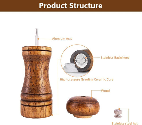 ouktor Set, (5.5inch) Salt and Pepper Grinders Manual Wooden Salt and Pepper Mills Shakers, Ceramic Rotor with Strong
