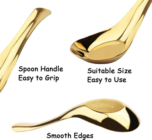 Asian Soup Spoons Stainless Steel Chinese Soup Spoons Set of 6 Soup Spoons Silverware Cucharas Para Comer for Ramen Pho Wonton Dumpling Noodles (gold)