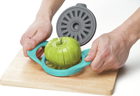 PrepWorks by Progressive 16-Slice Thin Apple Slicer and Corer, Dishwasher Safe with Attached Safety Cover, Turquoise