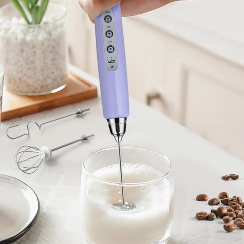 Handheld Milk Frother Rechargeable - Electric Whisk 3 Speed Adjustable, Coffee Frother Wand with 3 Stainless Whisks