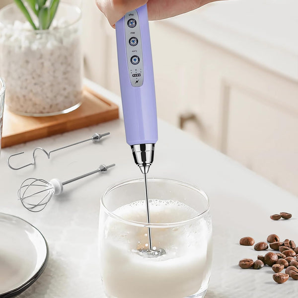 Handheld Milk Frother Rechargeable - Electric Whisk 3 Speed Adjustable, Coffee Frother Wand with 3 Stainless Whisks