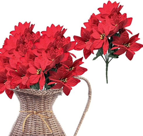 BANBERRY DESIGNS Poinsettia Picks - Set of 7 Red Christmas Flowers, 11" H Poinsettia Flower Bunch