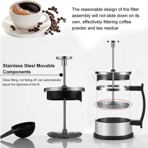 Joyzan French Press Coffee Maker, Stainless Steel Cold Brew Tea Maker, Borosilicate Glass, Portable Filters