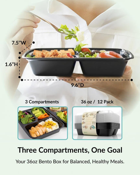 Enther Meal Prep Containers, 12 Pack 3 Compartment with Lids, BPA Free, Stackable, Reusable Lunch Boxes