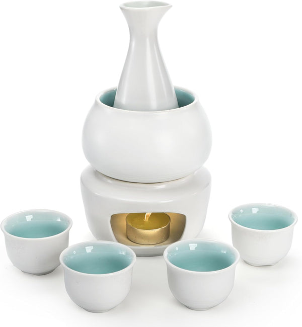 Foraineam White Ceramic Sake Set with Warmer Pot, Japanese Style Porcelain Hot
