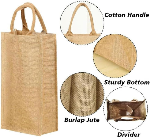 1Pack Jute Burlap 2 Bottle Wine Gift Tote Bags - Reusable with Soft Cotton Handles for Weddings, Parties, Birthdays