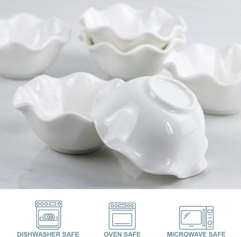 Porcelain Pinch Bowls Set of 6 - 1.6 oz Small Ruffle Design Bowls for Meal Prep and Dippings